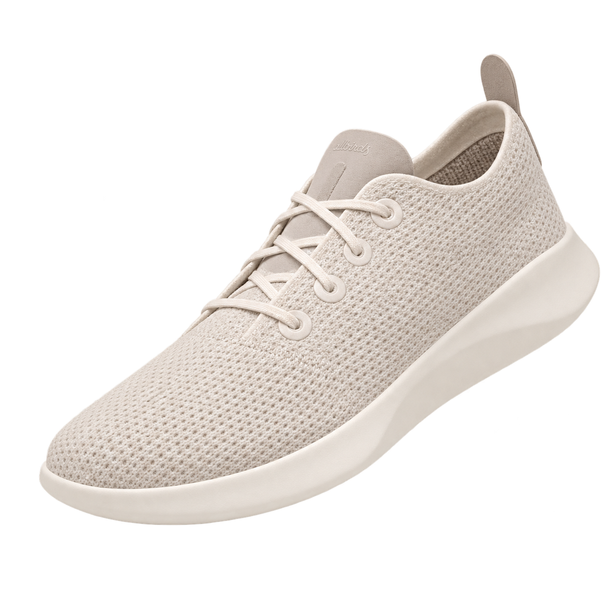 An Allbirds SuperLight Tree Runner in natural cream knit with a pale foam sole