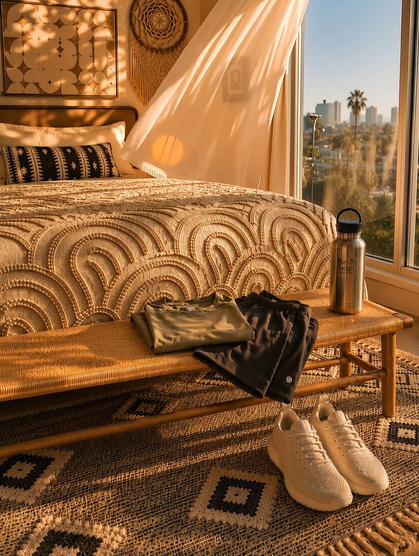 Sustainable athletic gear arranged in a sunlit bedroom