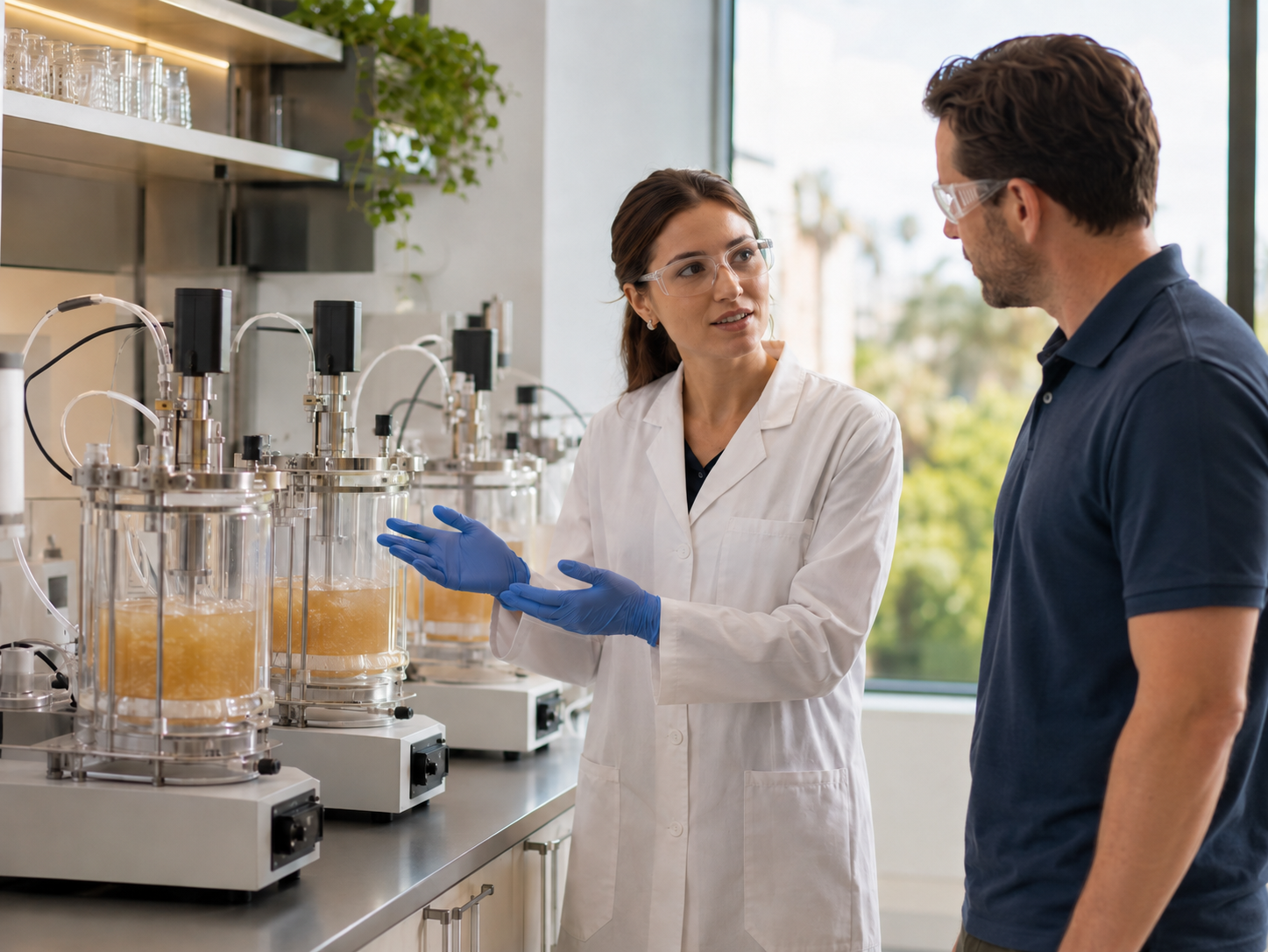 A scientist in a lab coat and safety glasses gestures toward a row of glass bioreactors filled with amber fermentation broth while explaining them to a colleague.