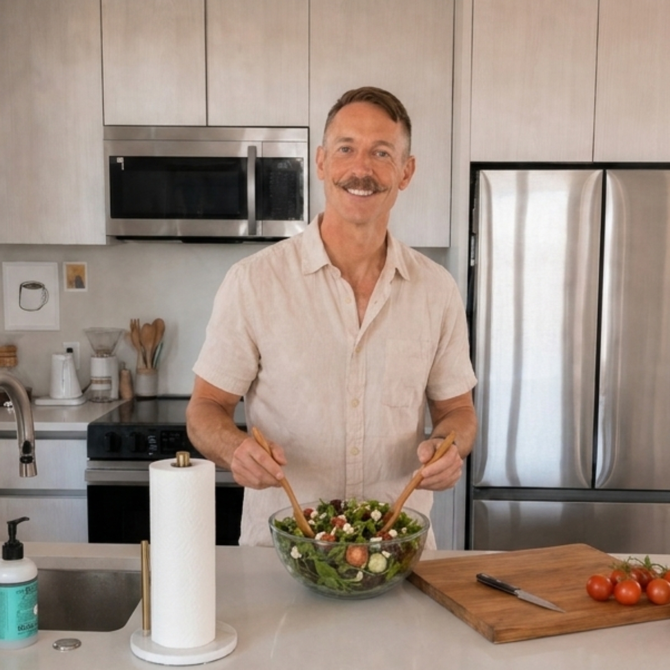 David Tetzlaf tossing a fresh salad in a bright, modern kitchen