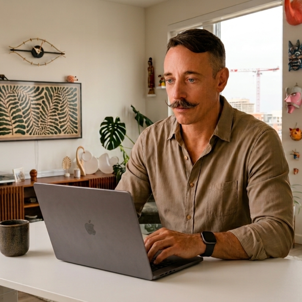 David Tetzlaf working on a laptop in a warm, art-filled San Diego apartment