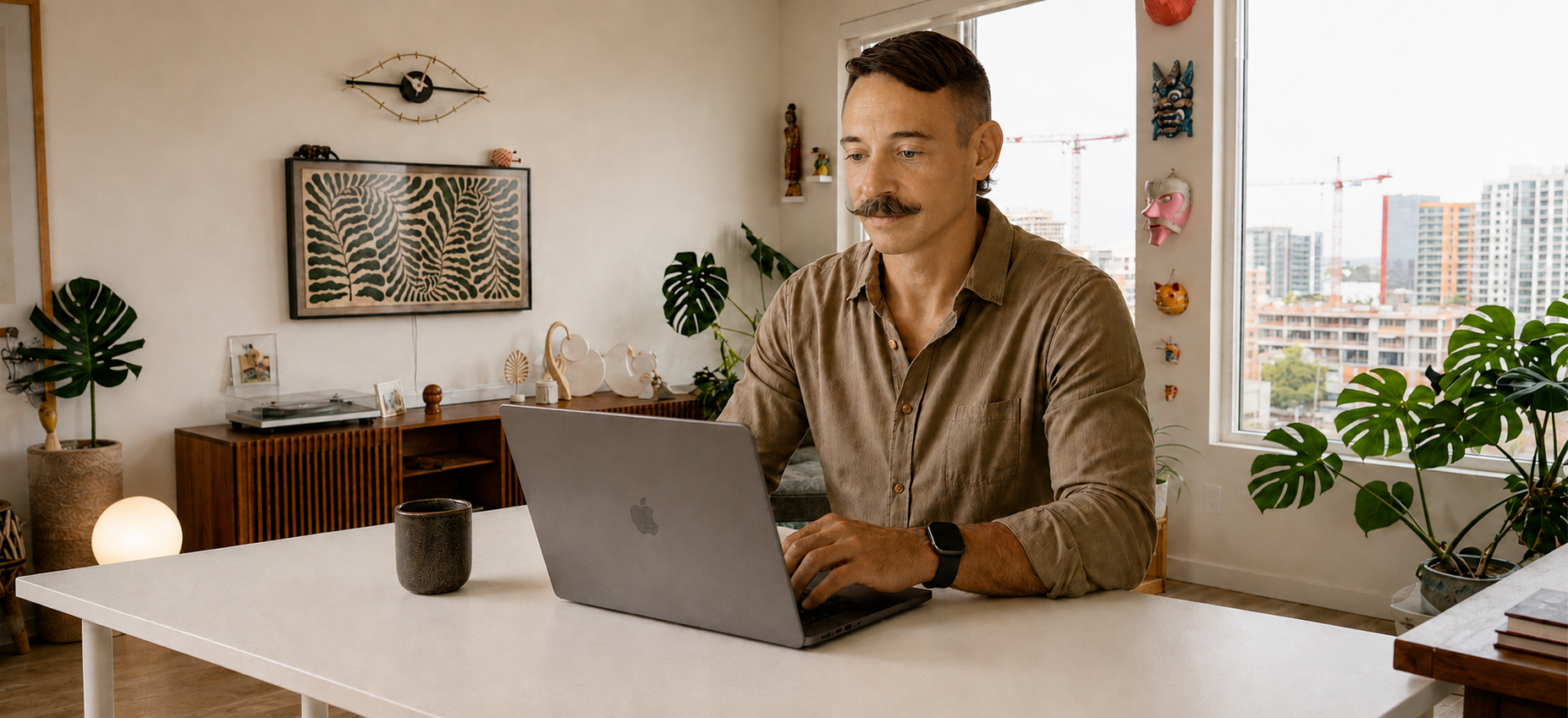 David Tetzlaf working at a MacBook in his sunlit apartment, surrounded by plants, framed artwork, sculptural objects and a view of the city skyline
