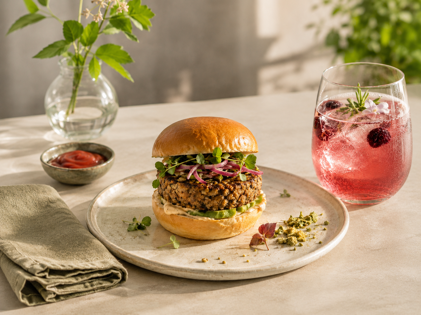 A plant-based burger topped with pickled red onion and microgreens on a ceramic plate, next to a berry-hued sparkling drink garnished with rosemary.