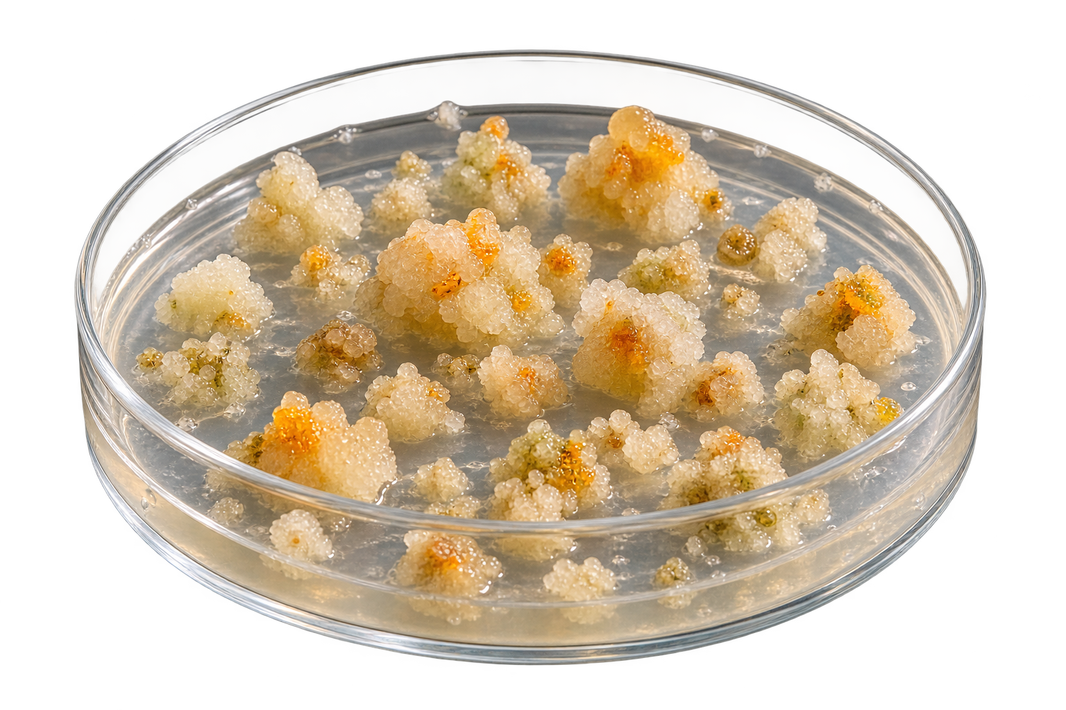 A glass petri dish holding pale cultured colonies flecked with amber