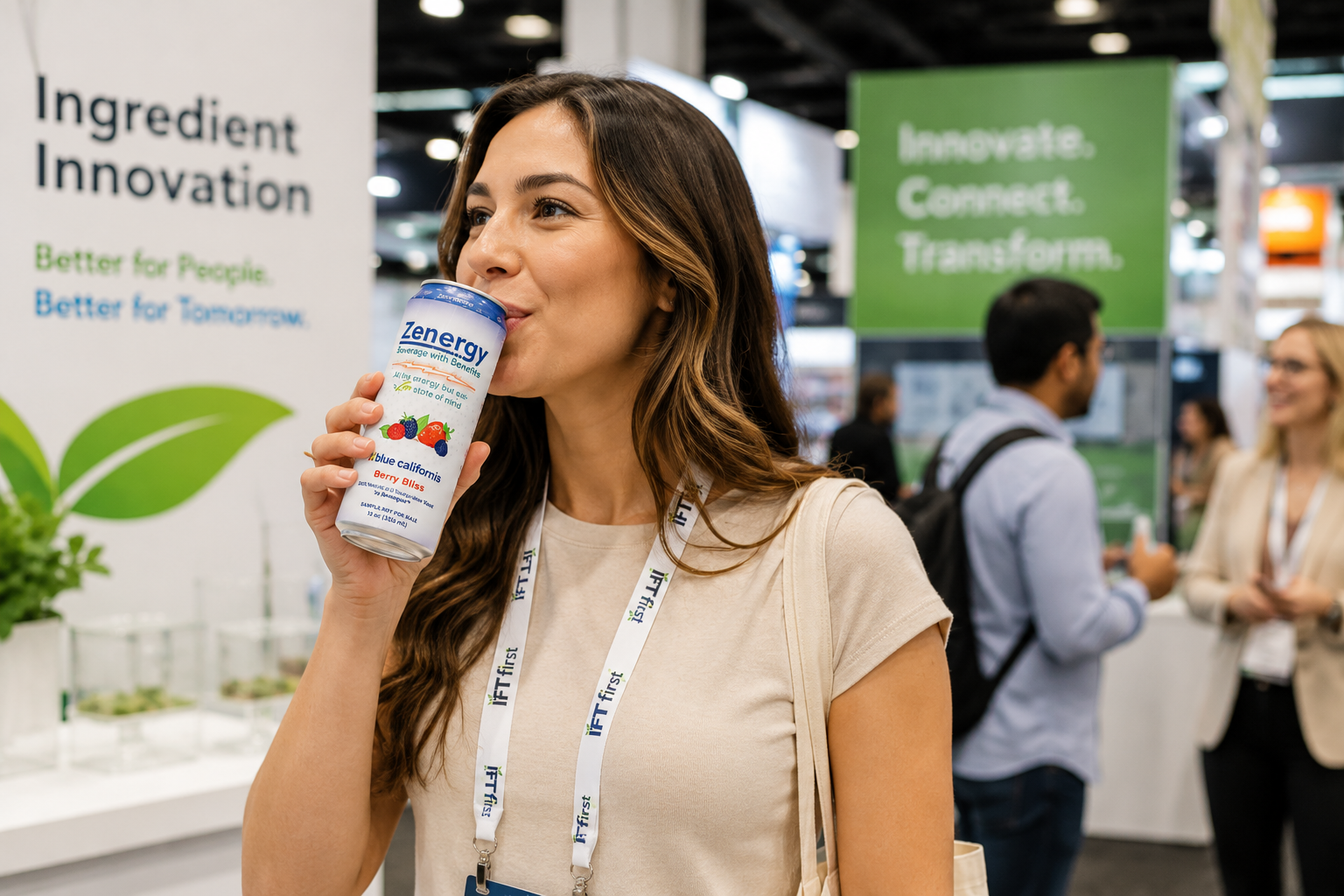 Editorial image of a trade show attendee sampling a Zenergy functional beverage prototype.